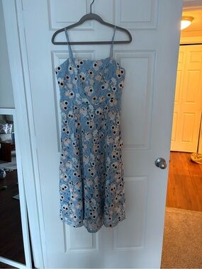 Blue Floral Lace Dress with Cream Accents